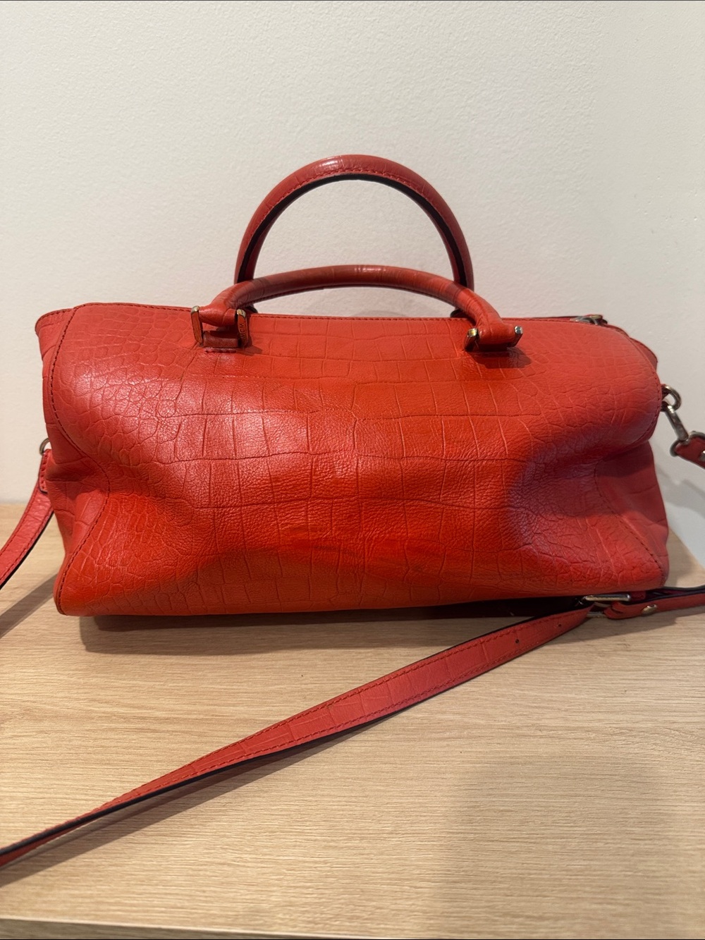 MCM Red Croc-Embossed Leather Satchel Bag - Picture 6 of 6